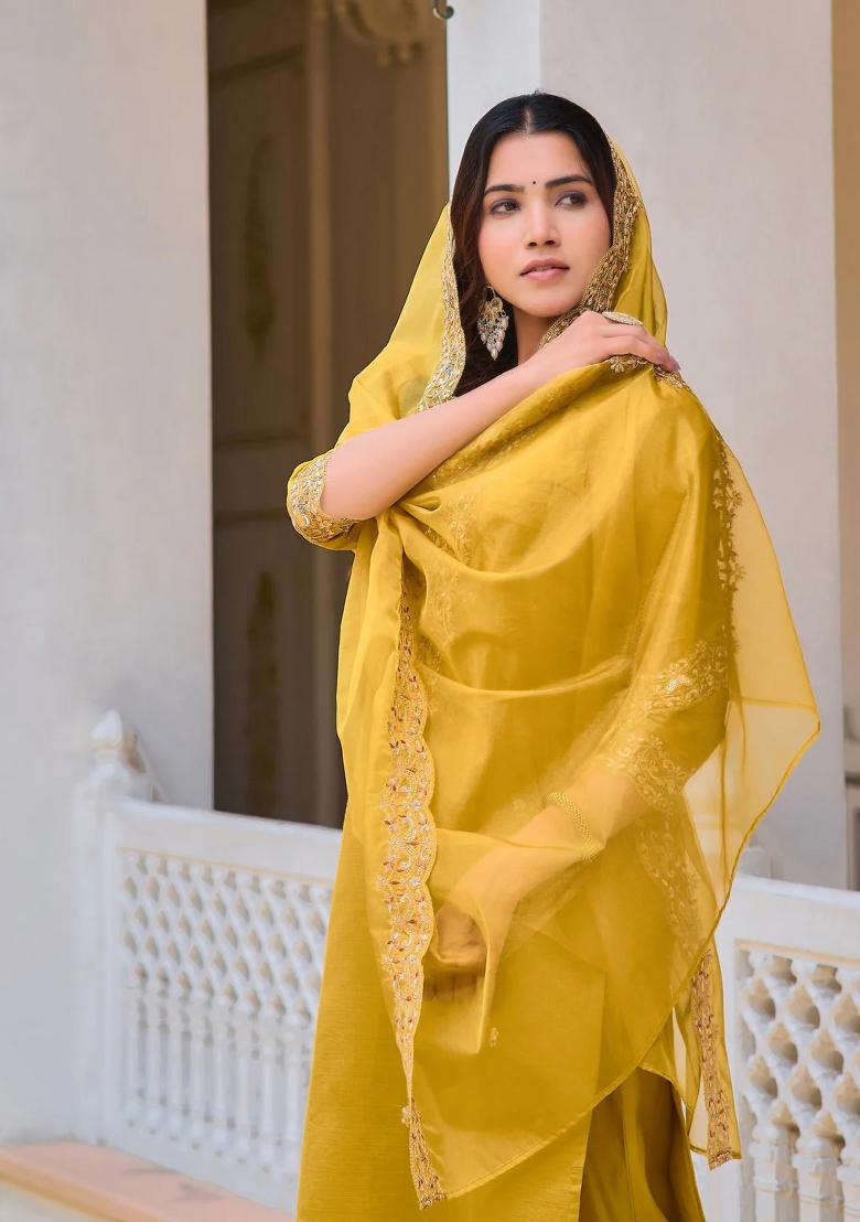 Mustard Embroidery Chanderi Kurta Set - Indya