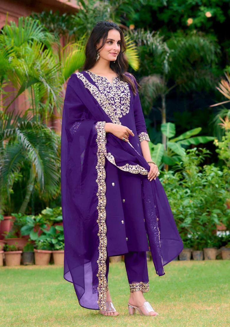 Purple Embroidery Chanderi Kurta Set - Indya