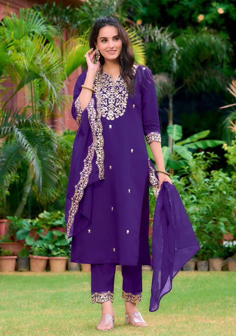 Purple Embroidery Chanderi Kurta Set - Indya