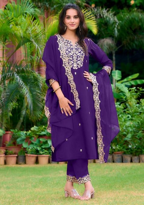 Purple Embroidery Chanderi Kurta Set