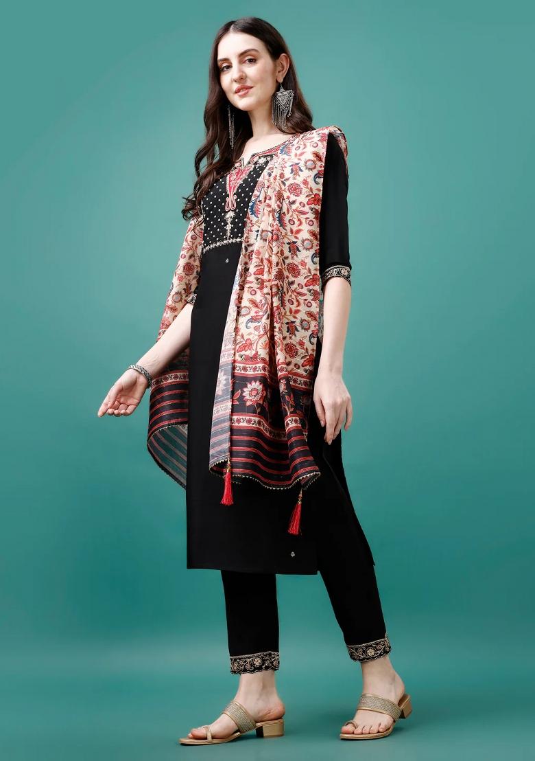 Multicolor Embroidery Rayon Kurta Set - Indya
