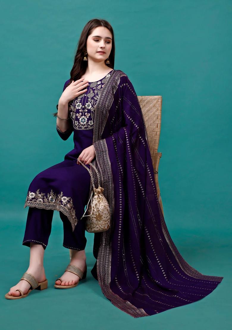 Multicolor Embroidery Rayon Kurta Set - Indya