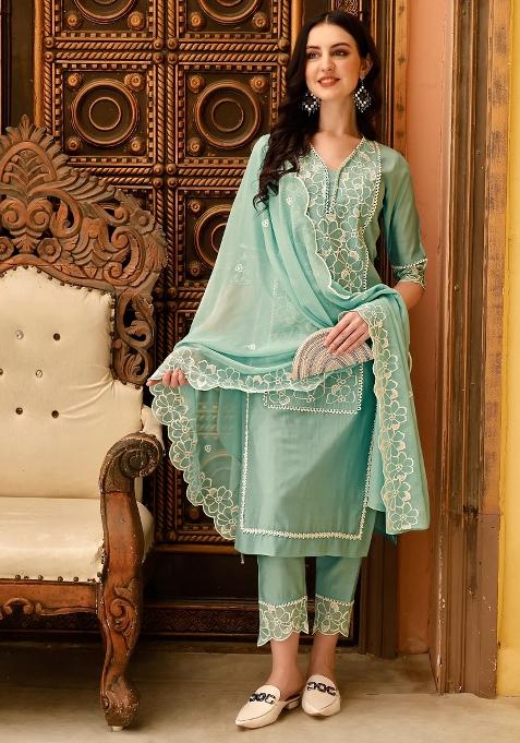 Green Embroidery Chanderi Kurta Set