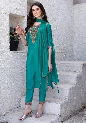 Green Embroidery Rayon Kurta Set