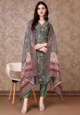 Green Embroidery Brasso Kurta Set