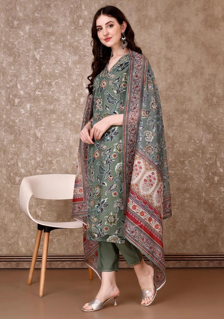 Green Embroidery Brasso Kurta Set - Indya