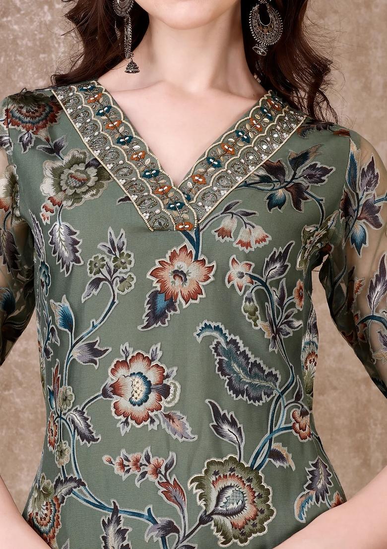 Green Embroidery Brasso Kurta Set - Indya