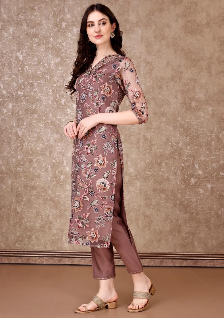 Purple Embroidery Brasso Kurta Set - Indya