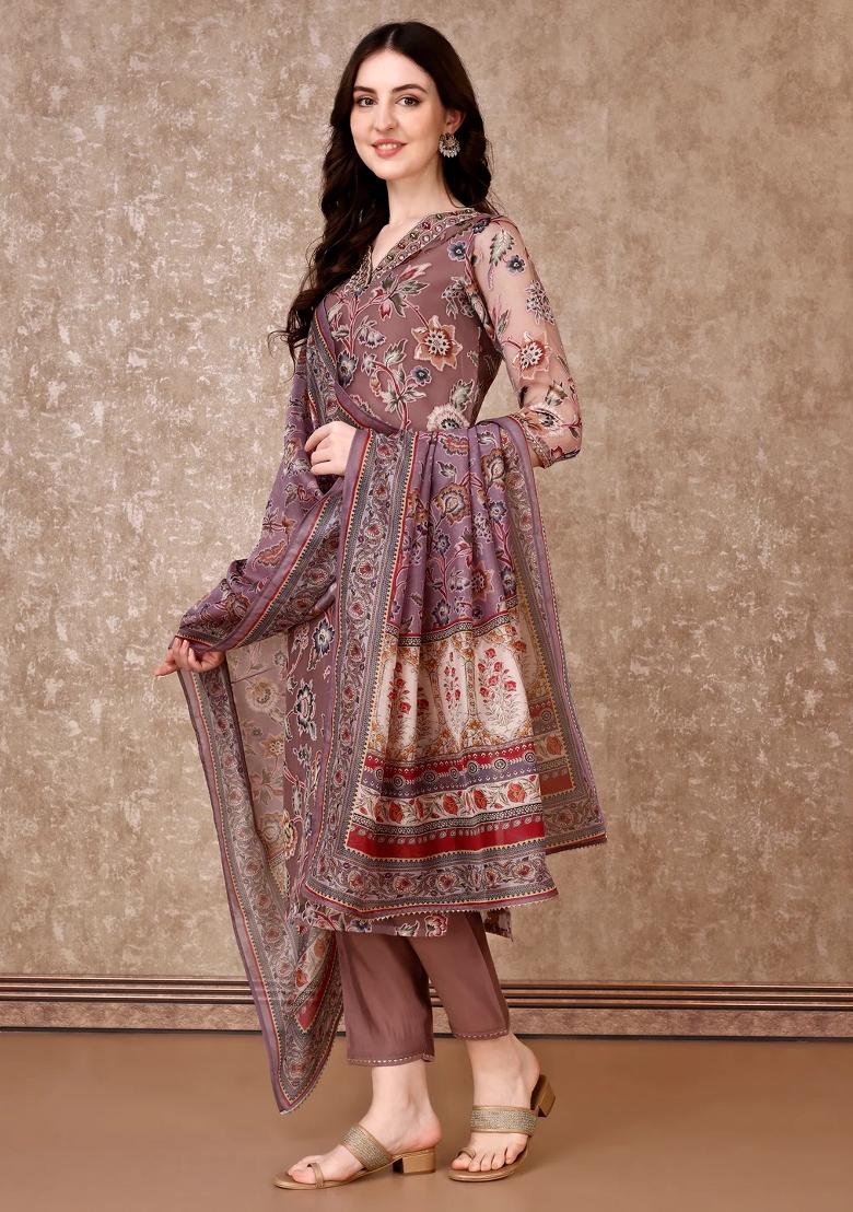 Purple Embroidery Brasso Kurta Set - Indya