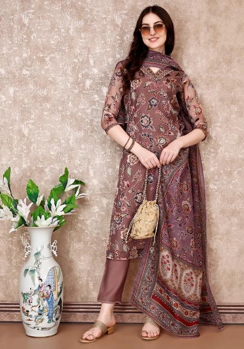 Purple Embroidery Brasso Kurta Set