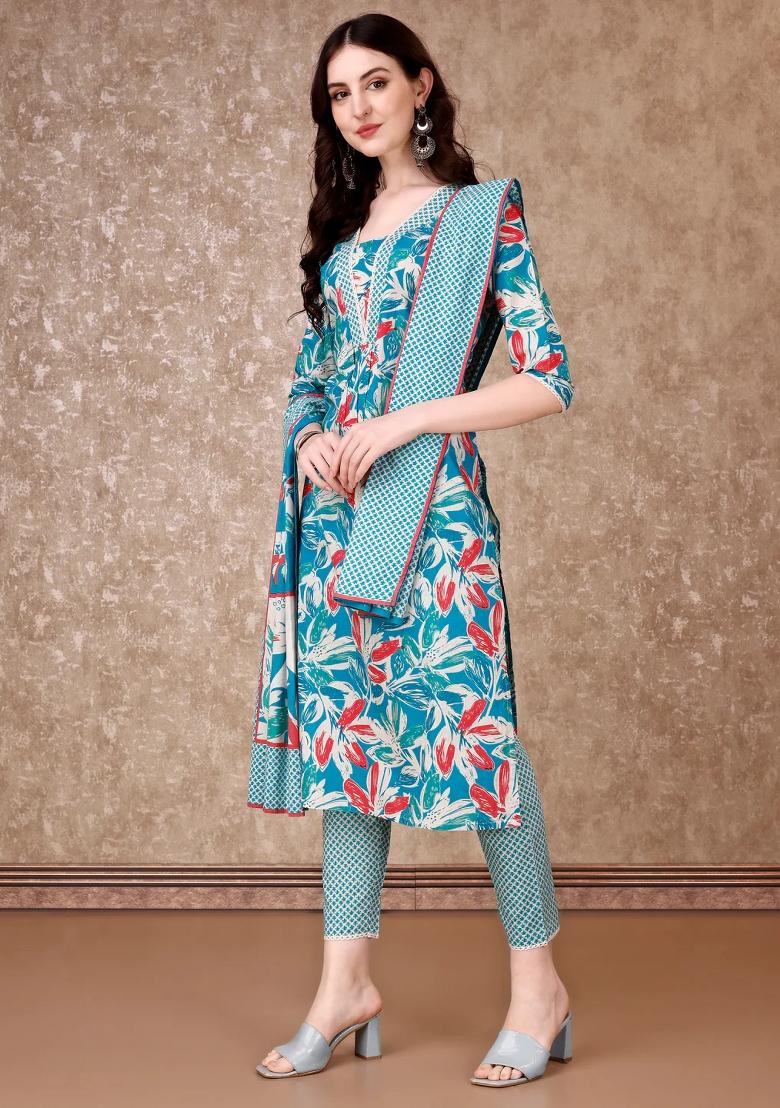 Blue Embroidery Cotton Kurta Set - Indya