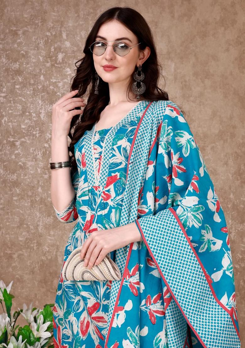 Blue Embroidery Cotton Kurta Set - Indya