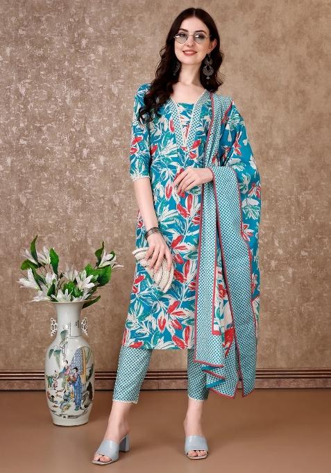 Blue Embroidery Cotton Kurta Set