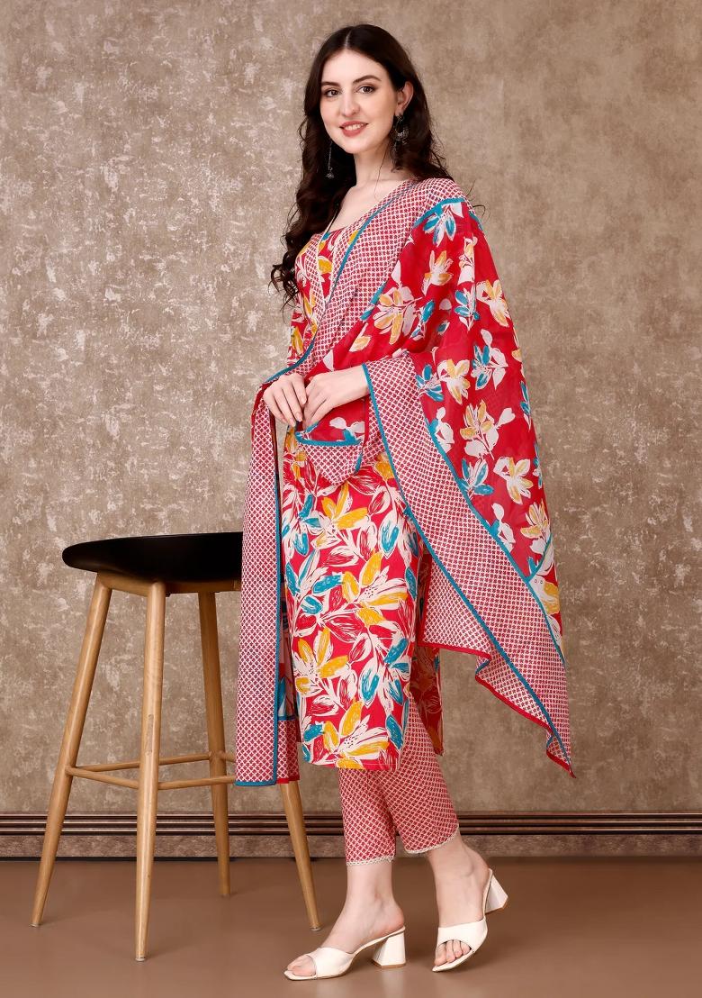 Pink Embroidery Cotton Kurta Set - Indya