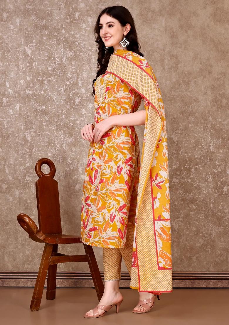 Yellow Embroidery Cotton Kurta Set - Indya