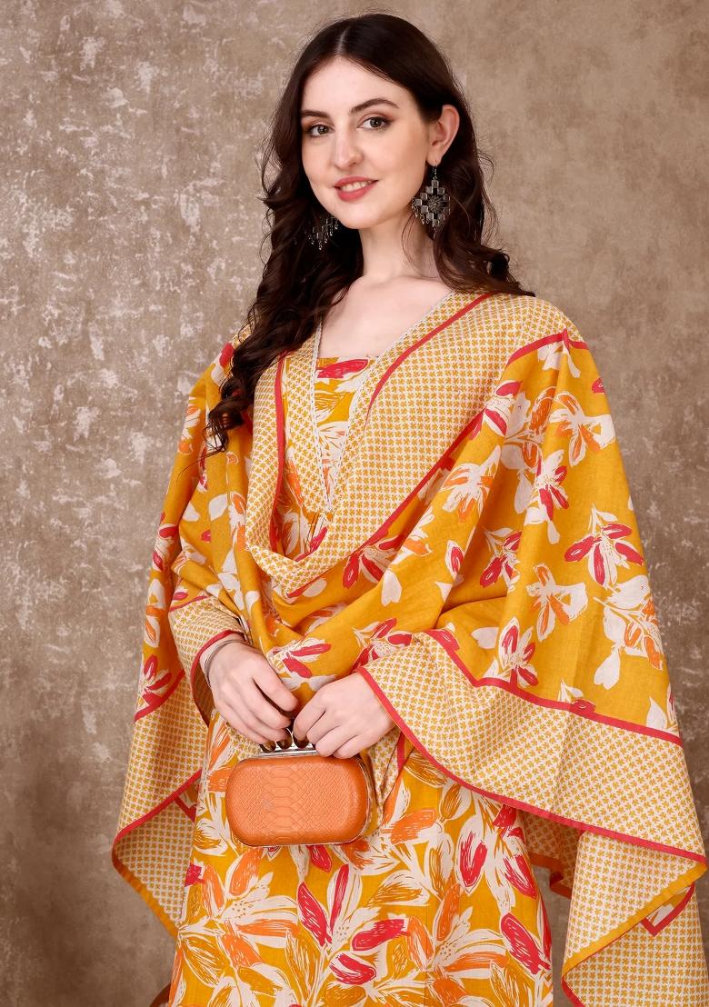 Yellow Embroidery Cotton Kurta Set - Indya