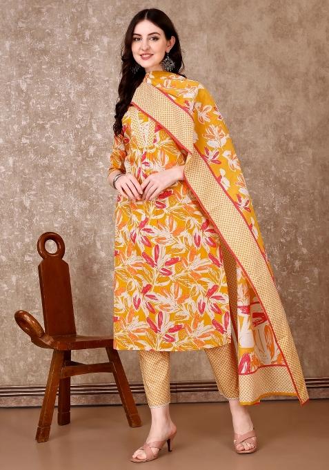 Yellow Embroidery Cotton Kurta Set