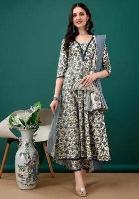Navy Blue Embroidery Cotton Kurta Set