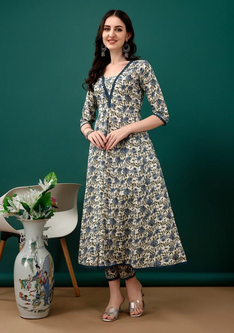 Navy Blue Embroidery Cotton Kurta Set - Indya