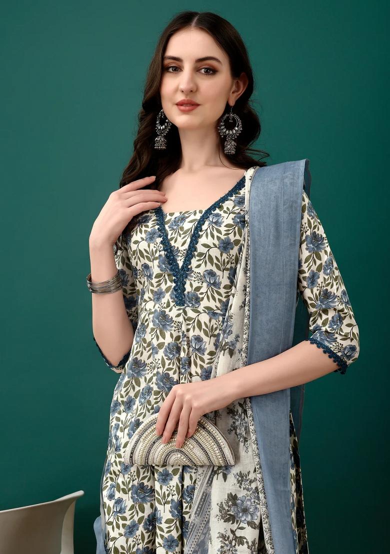 Navy Blue Embroidery Cotton Kurta Set - Indya