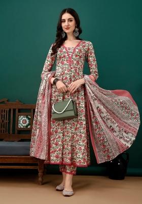 Pink Floral Print Cotton Anarkali Set