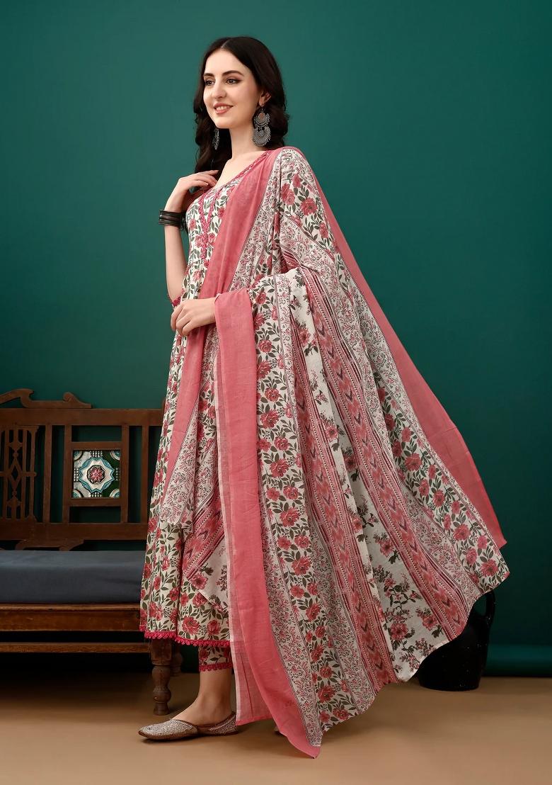 Pink Embroidery Cotton Kurta Set - Indya