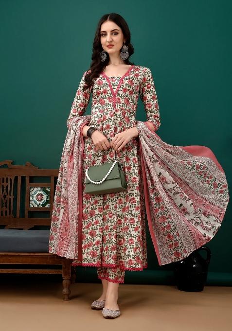 Pink Embroidery Cotton Kurta Set