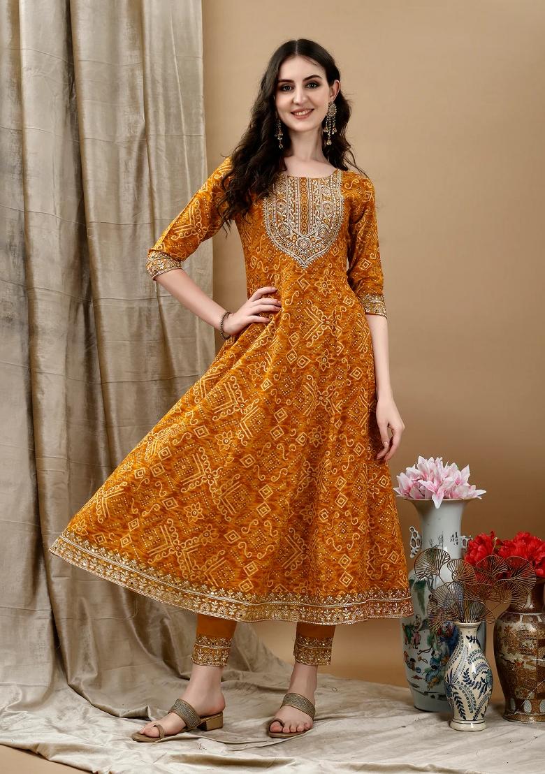 Mustard Embroidery Rayon Kurta Set - Indya