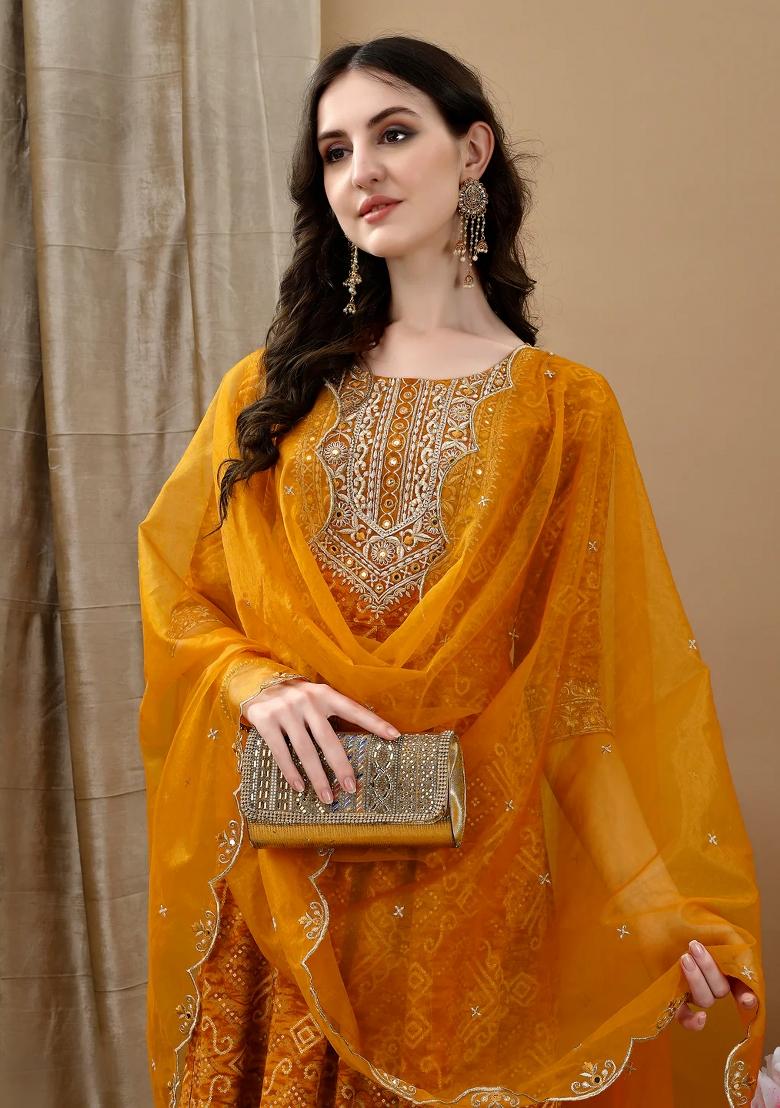 Mustard Embroidery Rayon Kurta Set - Indya