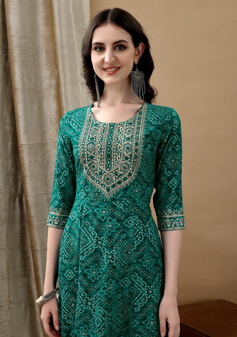 Green Embroidery Rayon Kurta Set - Indya
