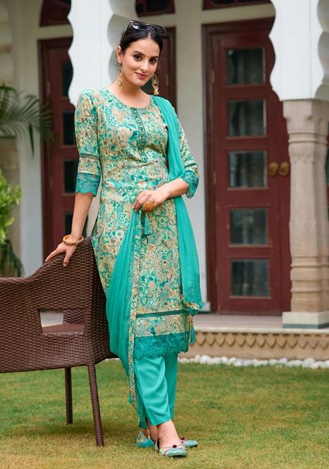 Blue Printed Rayon Pakistani Suit Set — view on Indya