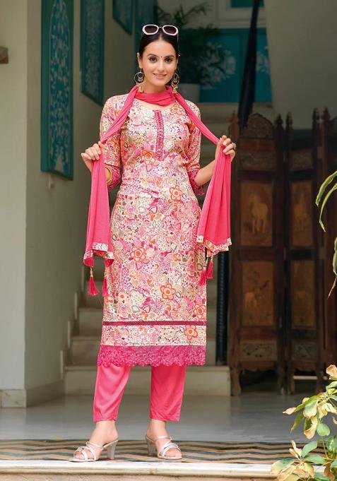 Pink Embroidery Rayon Kurta Set