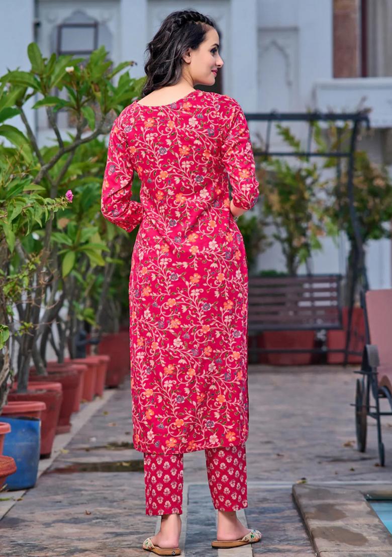 Pink Embroidery Rayon Kurta Set - Indya