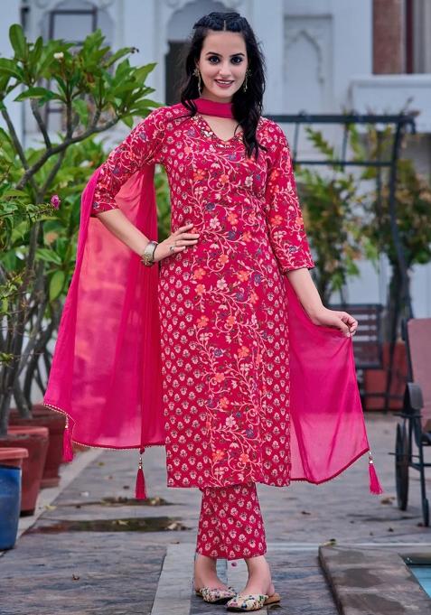 Pink Embroidery Rayon Kurta Set