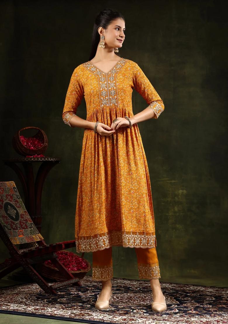 Mustard Embroidery Rayon Kurta Set - Indya