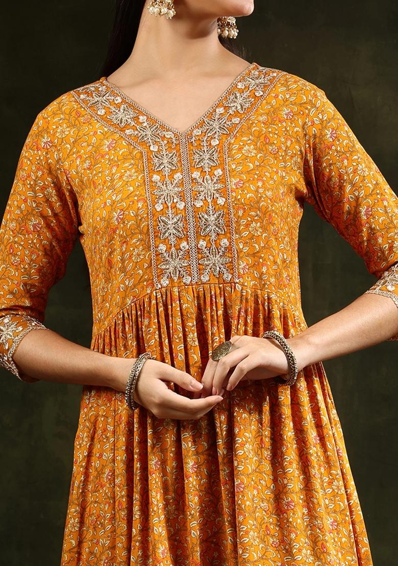 Mustard Embroidery Rayon Kurta Set - Indya