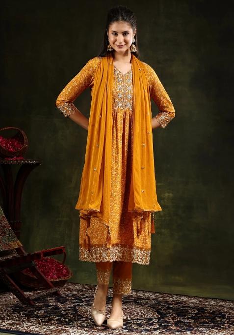 Mustard Embroidery Rayon Kurta Set
