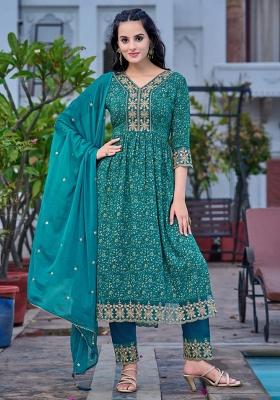 Teal Blue Embroidery Rayon Kurta Set