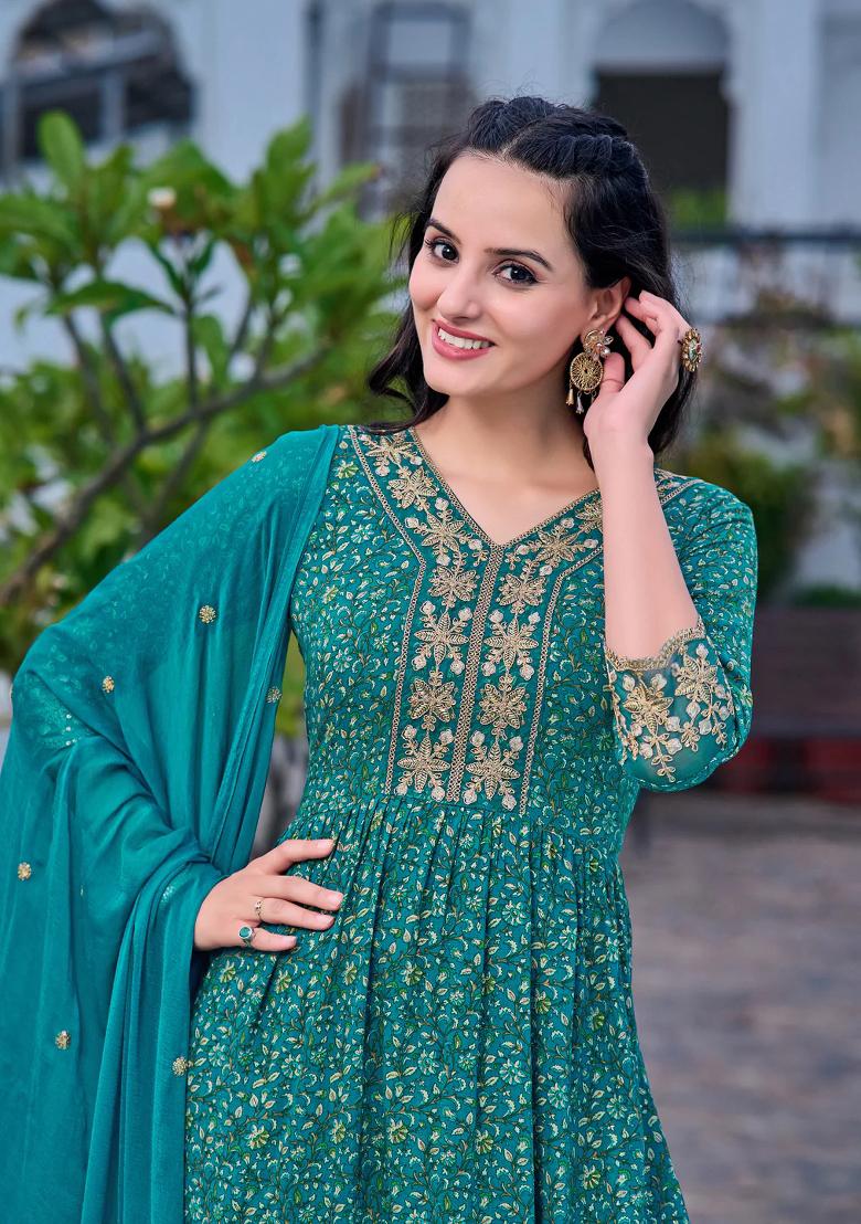 Teal Blue Embroidery Rayon Kurta Set - Indya