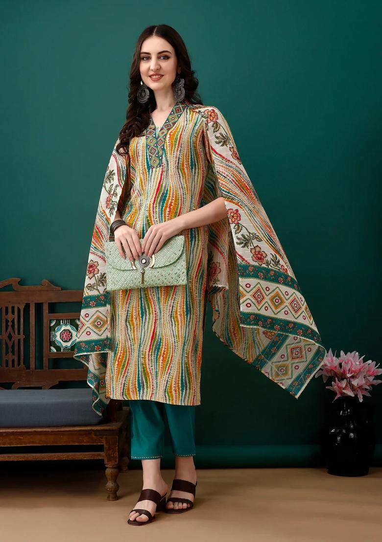 Multicolor Embroidery Rayon Kurta Set - Indya