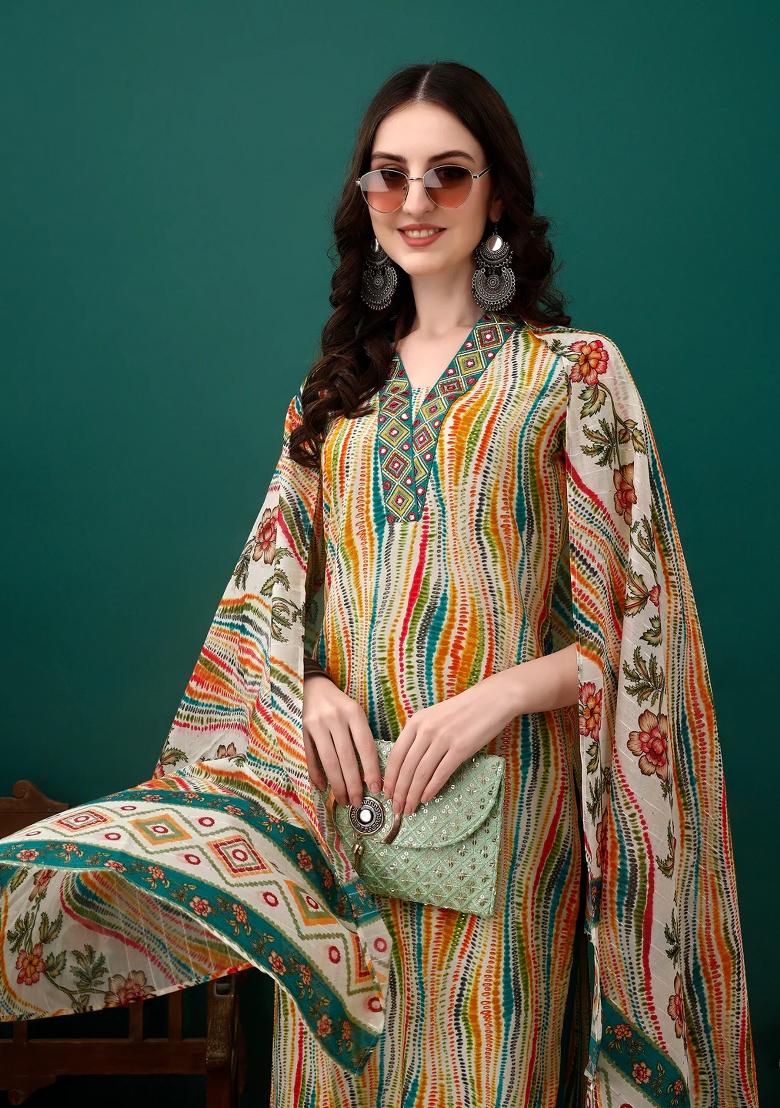 Multicolor Embroidery Rayon Kurta Set - Indya