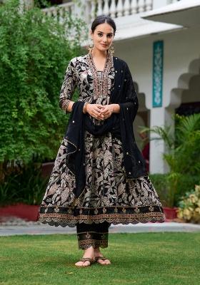 Black Embroidery Rayon Kurta Set
