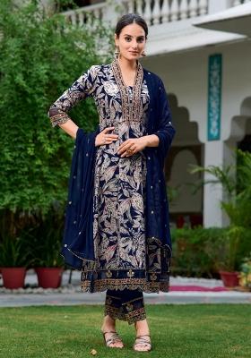Navy Blue Embroidery Rayon Kurta Set
