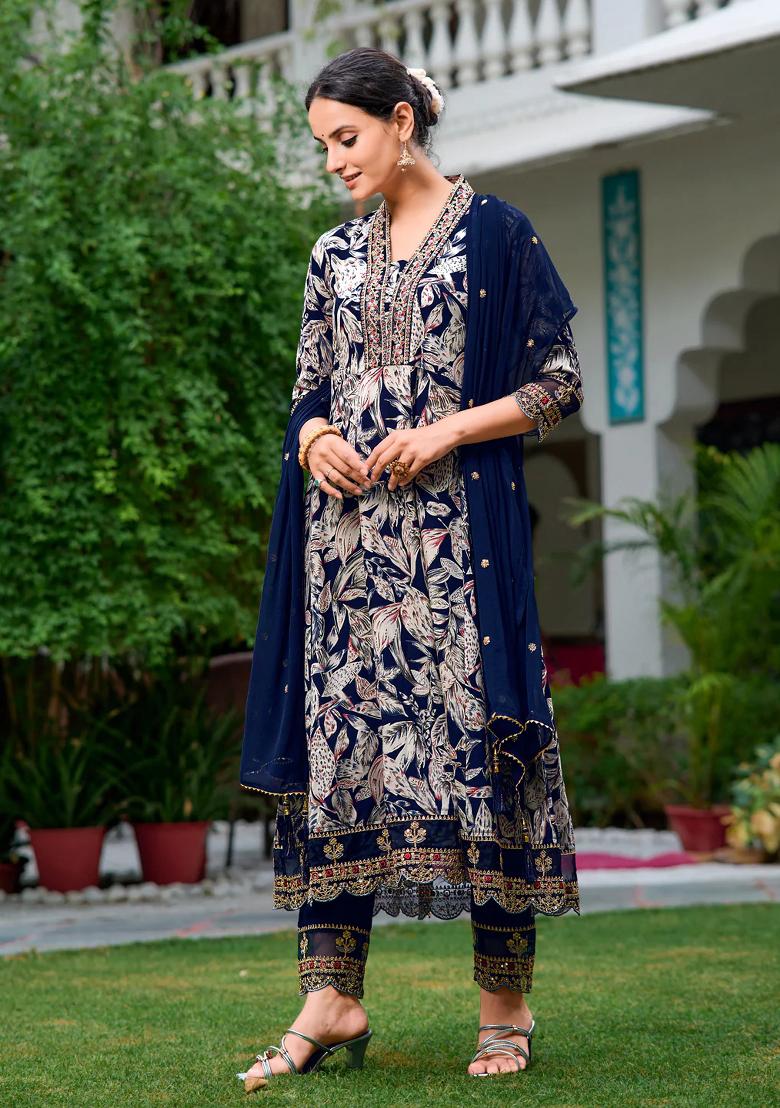Navy Blue Embroidery Rayon Kurta Set - Indya