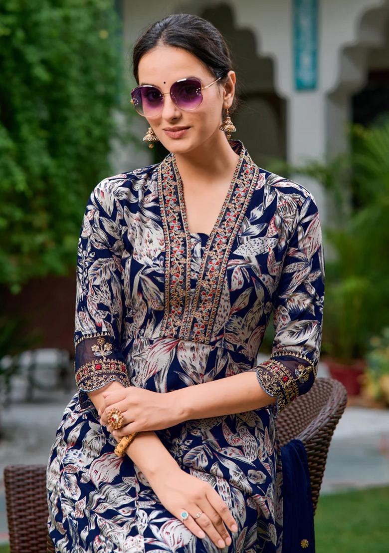 Navy Blue Embroidery Rayon Kurta Set - Indya