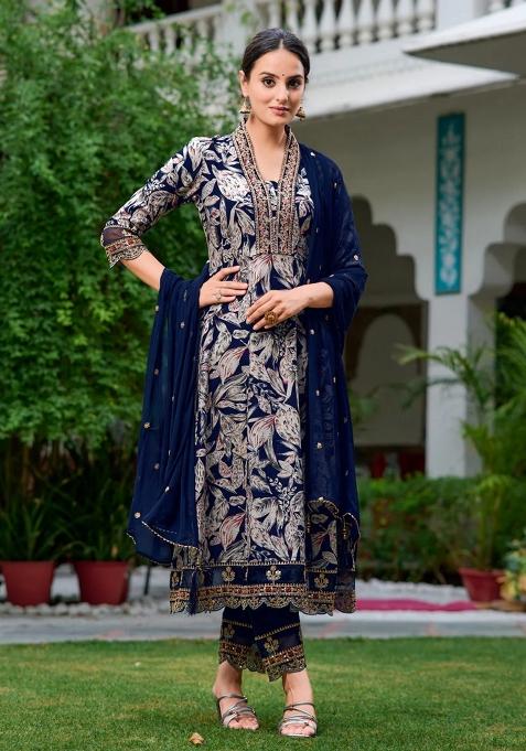 Navy Blue Embroidery Rayon Kurta Set