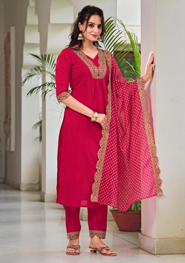 Pink Embroidery Chanderi Kurta Set - Indya