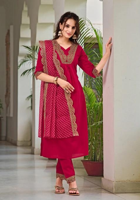 Pink Embroidery Chanderi Kurta Set