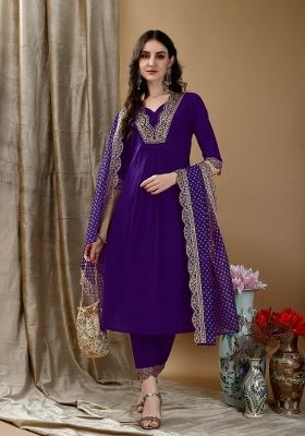 Purple Embroidery Chanderi Kurta Set