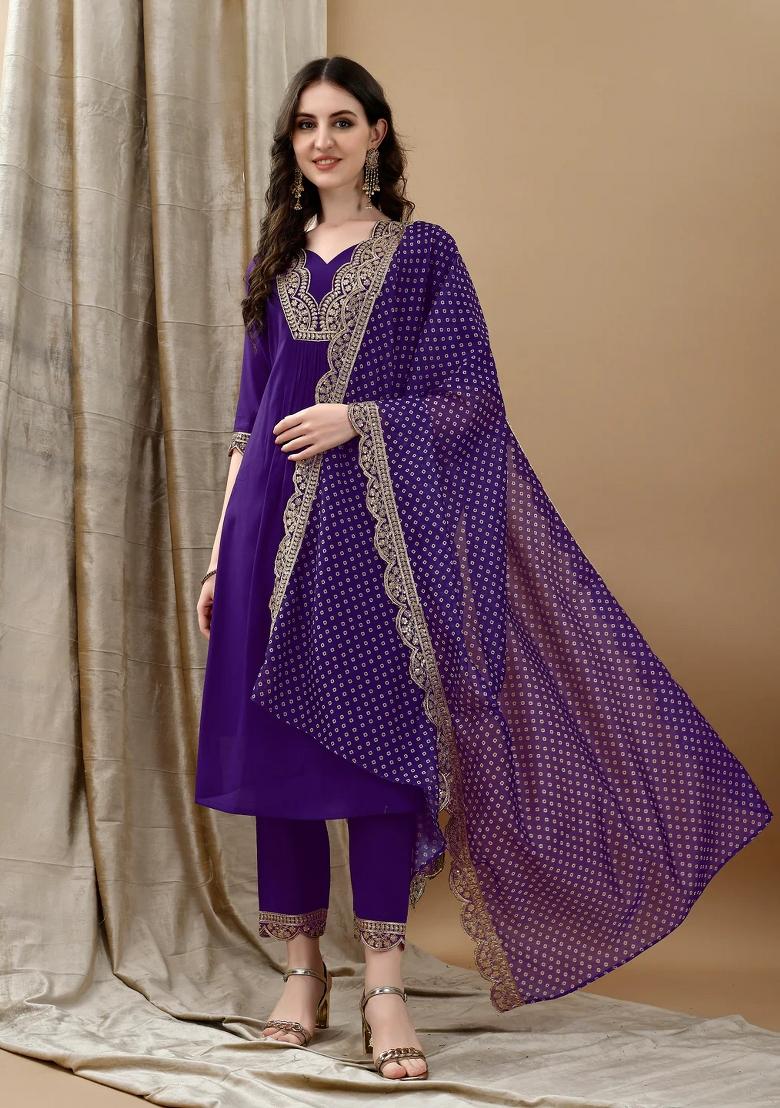 Purple Embroidery Chanderi Kurta Set - Indya